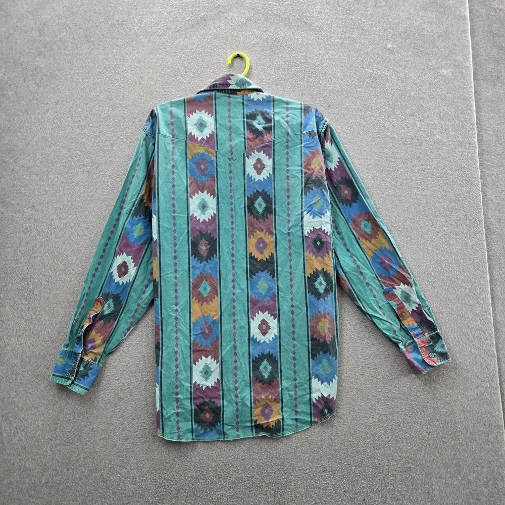 VINTAGE Wrangler Brushpopper Men Button Up Shirt 15.5 Green Geometric Western